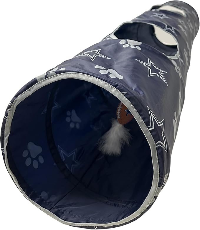 NFL Dallas Cowboys Cat Tunnel Tube Toy with Plush Football Catnip and Feathers Collapsible Tunnel for Cats to Play, Peek and Hide, Sporty &amp; Fun Cat Tunnel Toy with Team Logo All-Over Design!