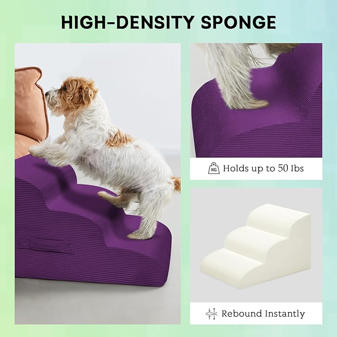 Dog Steps for Small Dogs, 4-Step Dog Ramp and Stairs for High Beds and Sofa, Non-Slip Pet Stairs Removable and Easy to Clean Cover, Purple