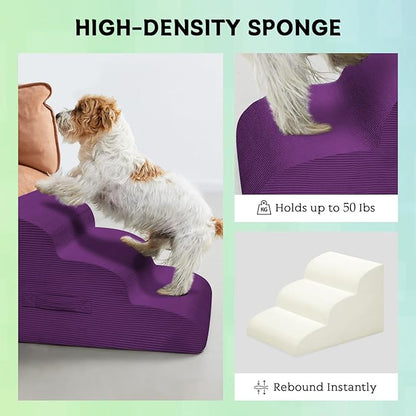 Dog Steps for Small Dogs, 3-Step Dog Ramp and Stairs for High Beds and Sofa, Non-Slip Pet Stairs Removable and Easy to Clean Cover, Purple