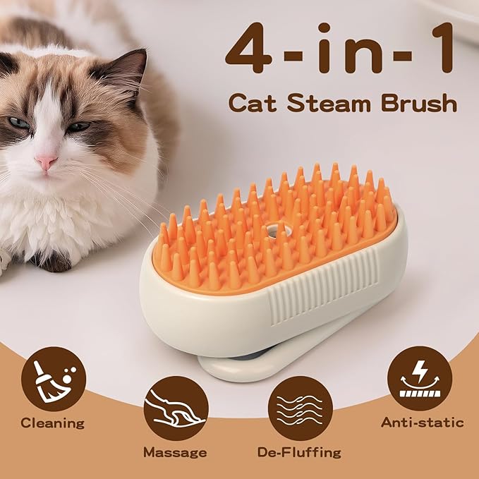 Pet Steam Brush, Rechargeable Cat Steam Brush for Shedding, 2025 New &amp; 4 in 1 Pet Spray Hair Removal Comb with Anti-Static,Massage, Cleaning, Shedding &amp; Combing All In One! (Khaki)