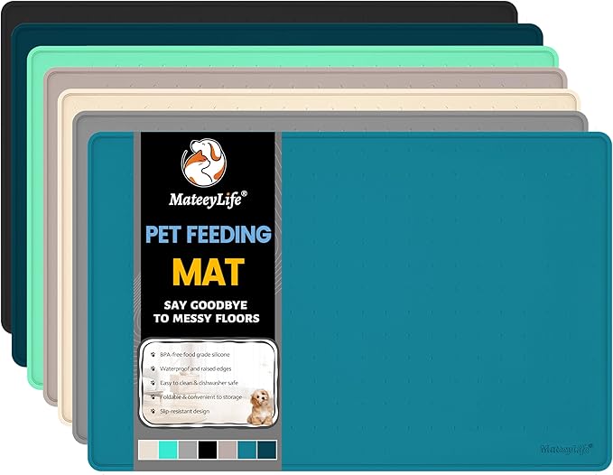 MateeyLife Dog &amp; Cat Food Water Mat for Floors Waterproof, Nonslip Pets Bowl Feeding Mats with Raised Edges, Silicone Matt Tray for Messy Drinkers, 18"x12", Teal
