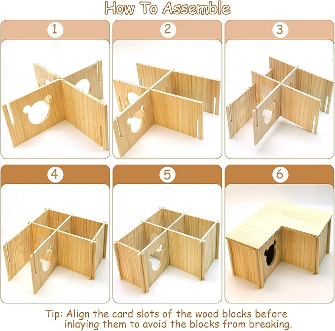Fhiny Wooden Hamster House, Multi-Chamber Hamster Hideout &amp; Tunnel Detachable Activity Room Exploring Toys Rats Habitat Decor for Dwarf Hamsters Gerbils Mice Lemmings (Small)