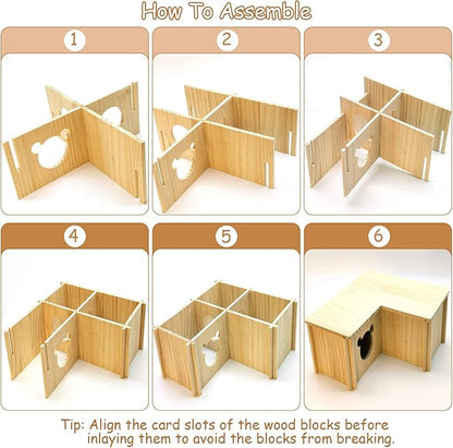 Fhiny Wooden Hamster House, Multi-Chamber Hamster Hideout &amp; Tunnel Detachable Activity Room Exploring Toys Rats Habitat Decor for Dwarf Hamsters Gerbils Mice Lemmings (Small)