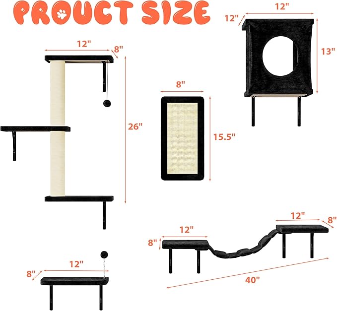 NUNU LAB Wall Mounted Cat Furniture, 5 Pcs Cat Wall Shelves with House, Bridge, Steps, Scratching Post, Shelves, Indoor Safe &amp; Stable Furniture for Kittens Play, Black