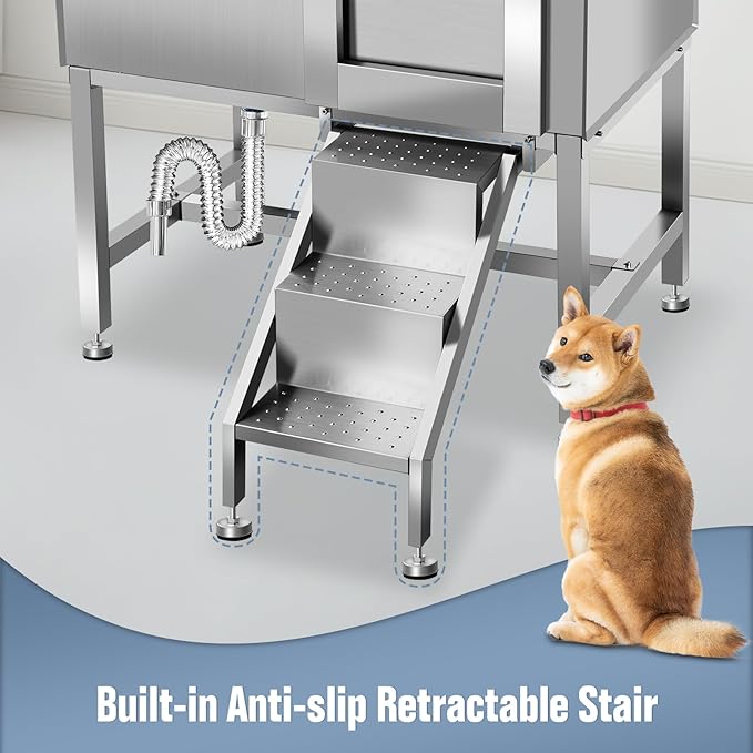 38" Dog Washing Station, Professional Stainless Steel Dog Bathing Station, Equipped with Three Anti-Slip Steps, Removable Door, Upgraded Spray Nozzle&amp;Hose - Ideal for Home, Pet Grooming Salon,R-RAMP