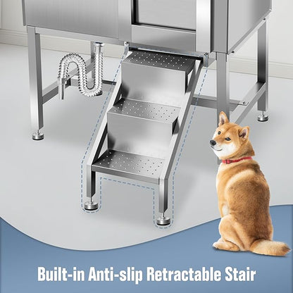 38" Dog Washing Station, Professional Stainless Steel Dog Bathing Station, Equipped with Three Anti-Slip Steps, Removable Door, Upgraded Spray Nozzle&amp;Hose - Ideal for Home, Pet Grooming Salon,R-RAMP