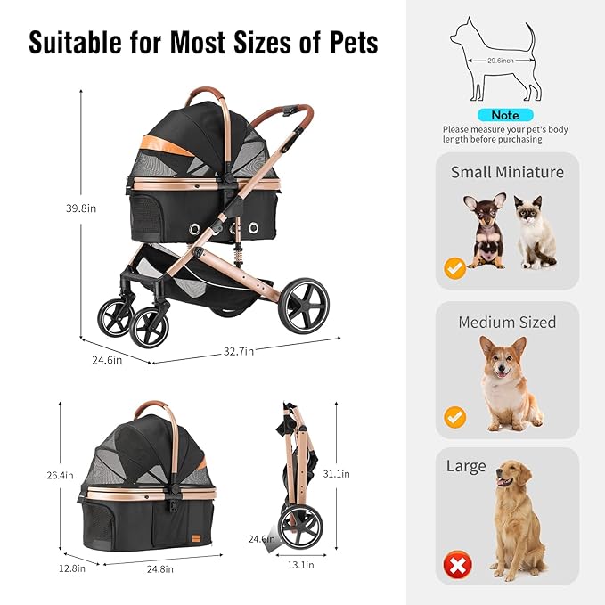 EchoSmile 4 in 1 Pet Stroller, Folding Lightweight Cat &amp; Dog Stroller with Detachable Carrier, NO-Zip 180° Reversible Canopy, All Terrain 4-Wheel,45 lbs Capacity for Small to Medium Dogs