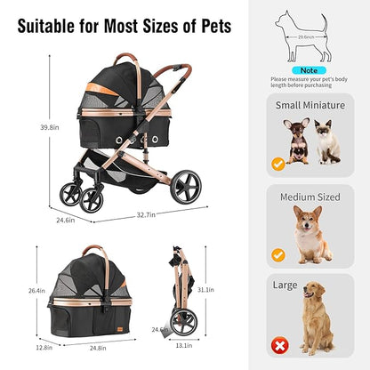 EchoSmile 4 in 1 Pet Stroller, Folding Lightweight Cat &amp; Dog Stroller with Detachable Carrier, NO-Zip 180° Reversible Canopy, All Terrain 4-Wheel,45 lbs Capacity for Small to Medium Dogs