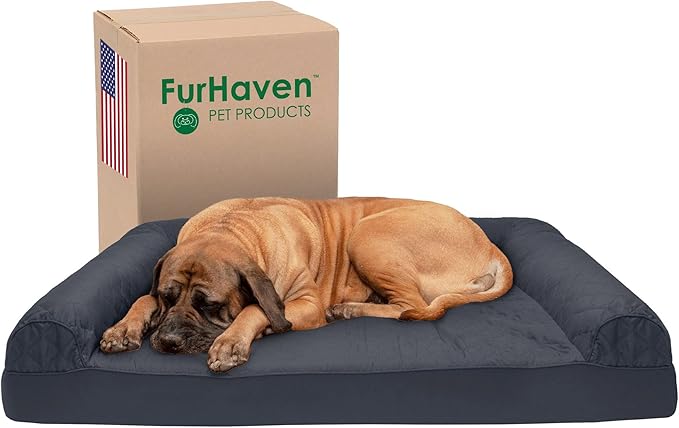 Furhaven Cooling Gel Dog Bed for Large Dogs w/ Removable Bolsters &amp; Washable Cover, For Dogs Up to 125 lbs - Quilted Sofa - Iron Gray, Jumbo Plus/XXL