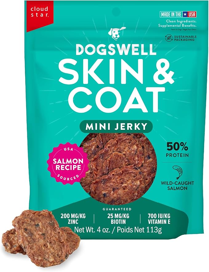 Dogswell Skin &amp; Coat Mini Jerky Dog Treats, Salmon, 4 oz. Bag