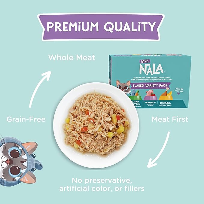 LOVE, NALA - Natural Adult Cat Wet Food - FLAKED Variety Pack - Salmon, Tuna, Chicken - Grain Free, Non-GMO, Lean Protein, Omega 3, Digestive Fiber Blend, Added Minerals &amp; Vitamins - 12 Pack