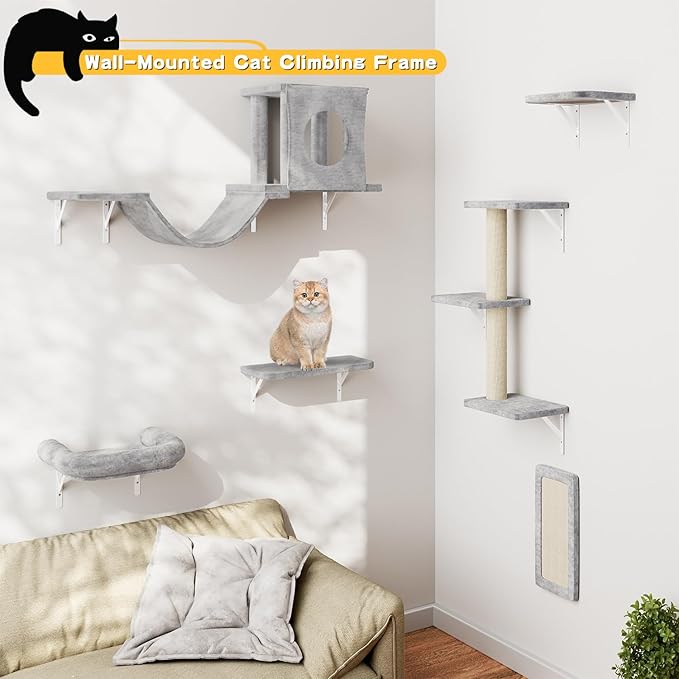 NUNU LAB Wall Mounted Cat Furniture, 6 Pcs Cat Wall Shelves with Condo House, Bridge, Steps, Scratcher, Hammock, Indoor Safe &amp; Stable Furniture for Kittens Play, Gray