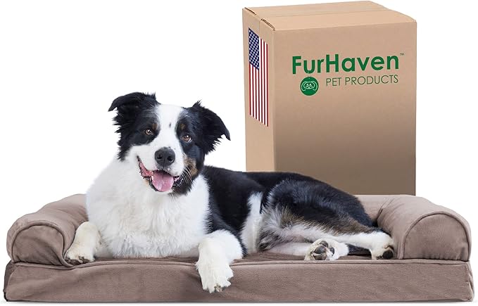 Furhaven Cooling Gel Dog Bed for Large/Medium Dogs w/ Removable Bolsters &amp; Washable Cover, For Dogs Up to 55 lbs - Faux Fur &amp; Velvet Sofa - Driftwood Brown, Large