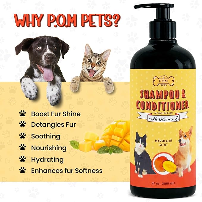 POM Pets 2-in-1 Organic Dog Shampoo &amp; Conditioner – Itchy Skin Relief, Dog Deshedding, Detangles Fur, Cat Shampoo, Paw Cleaner for Dogs, Natural Coat Defense Formula