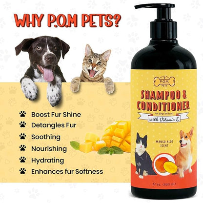 POM Pets 2-in-1 Organic Dog Shampoo &amp; Conditioner – Itchy Skin Relief, Dog Deshedding, Detangles Fur, Cat Shampoo, Paw Cleaner for Dogs, Natural Coat Defense Formula