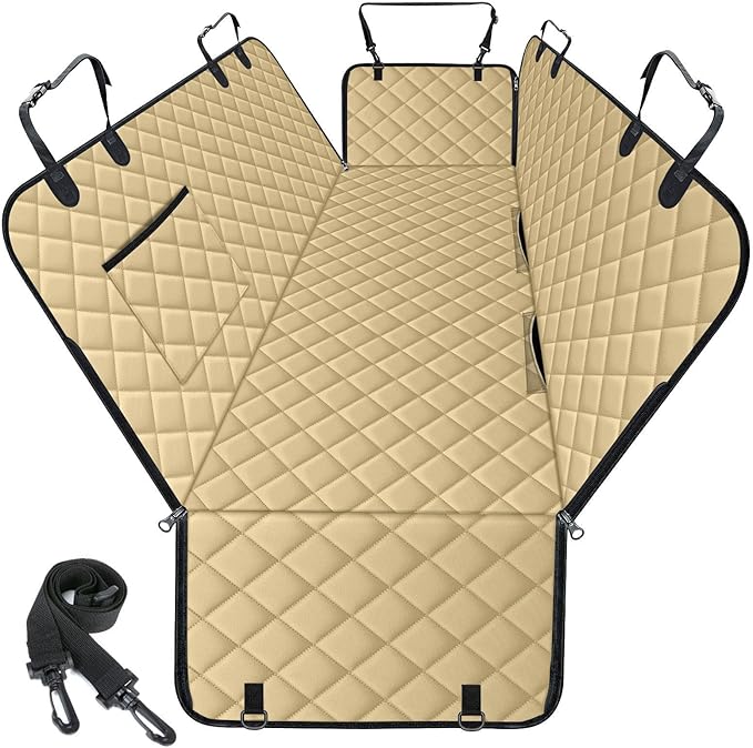 Waterproof Dog Car Seat Cover for Back Seat - Durable, Scratch Proof Pet Hammock with Nonslip Design &amp; Storage Pockets, Fits Cars, SUVs, Trucks - L, Khaki/Black