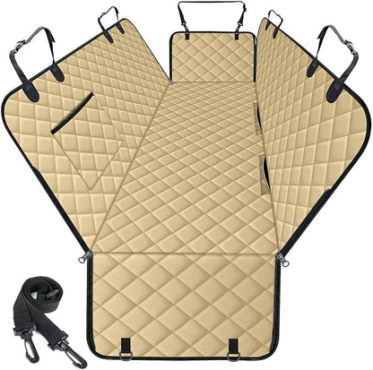 Waterproof Dog Car Seat Cover for Back Seat - Durable, Scratch Proof Pet Hammock with Nonslip Design &amp; Storage Pockets, Fits Cars, SUVs, Trucks - L, Khaki/Black