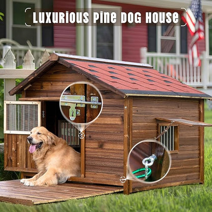 Extra Large Dog House Outdoor Made of Solid Pine Wood, Warm Doghouse, Dog House with Elevated Floor for Large Dogs, (Wood, 5XL)