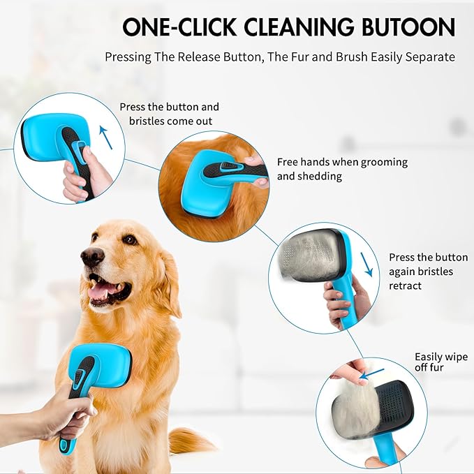 Dog Brush Kit - Self-Cleaning Slicker Brush with Bath Brush &amp; Undercoat Rake | Deshedding Tools for Large - Small Dogs &amp; Cats, Professional 3-in-1 Pet Grooming Set for Heavy Shedding, Blue