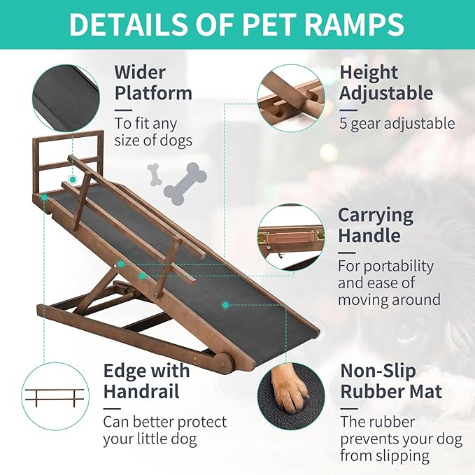 Dog Ramp, 5 Level Adjustable Height Folding Pet Ramp for High Bed, Portable Paw Ramps Large Bed Ramp for Medium &amp; Large Old Dogs &amp; Cats - Natural Wood Furniture Quality