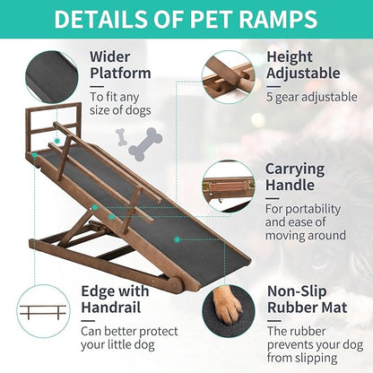 Dog Ramp, 5 Level Adjustable Height Folding Pet Ramp for High Bed, Portable Paw Ramps Large Bed Ramp for Medium &amp; Large Old Dogs &amp; Cats - Natural Wood Furniture Quality