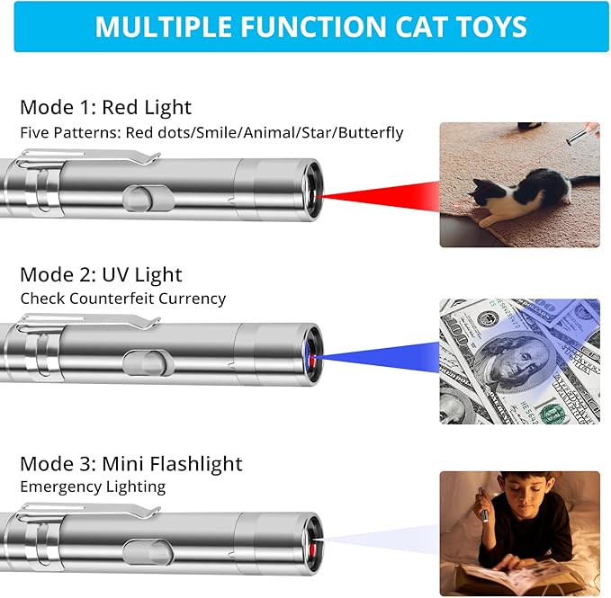 Cat Toy Pointer for Indoor Cats, 2 Pieces, USB Rechargeable Kitten Toys with 7 Adjustable Patterns, Interactive Chase Toys for Indoor Cats &amp; Dogs, Training &amp; Exercise Fun
