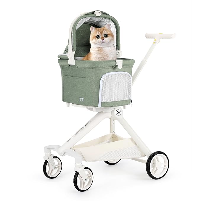 TT Lightweight Pet Stroller for Small Dog&amp;Cat,One-Hand-Fold Pet Travel Stroller with Canopy and Cup Holder, 4-Way Convertible Carrier.Green