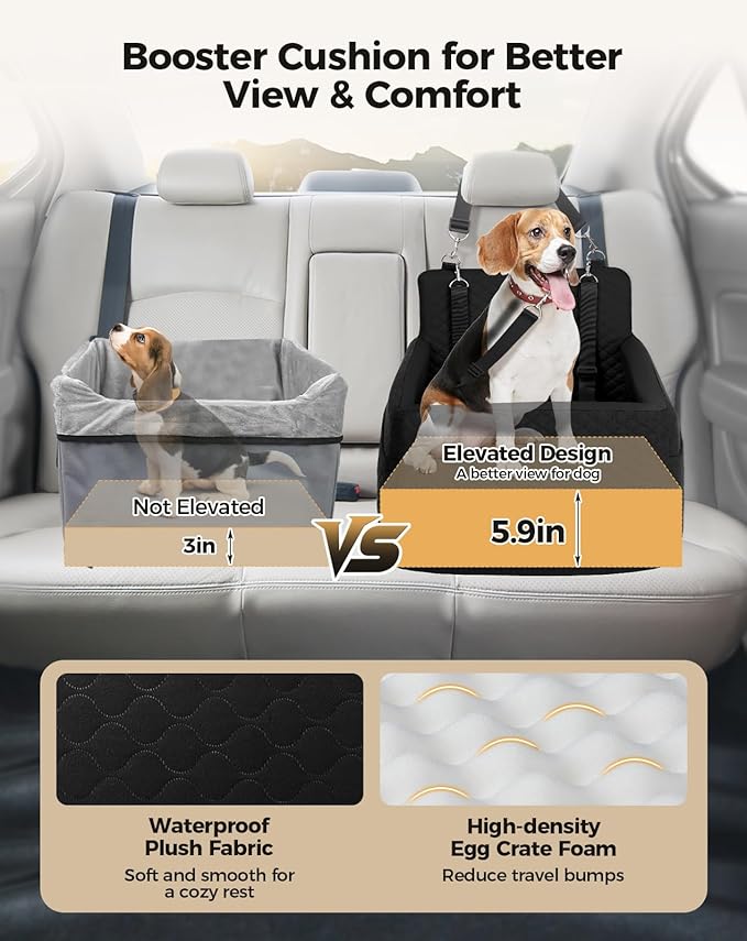 Dog Car Seat for Small &amp; Medium Dogs Under 35lbs, Detachable &amp; Washable Pet Car Seat, Interior Height 6 Inches Pet Travel Bed with Storage Pockets and 2 Dog Safety Belts (Black)