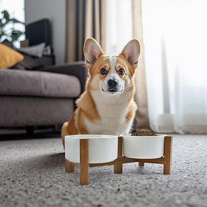 SPUNKYJUNKY Acacia Wood Stand Dog Bowl Set Raised, Ceramic Dog Food &amp; Water Bowl for Medium Dogs (28.74 OZ, White)