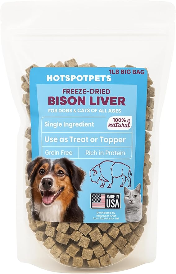 hotspot pets Freeze Dried Bison Liver Treats for Cats &amp; Dogs - 1 Pound Big Bag,Made in USA, Single Ingredient All Natural, Grain-Free Bison Liver - Perfect for Training, Topper or Snack