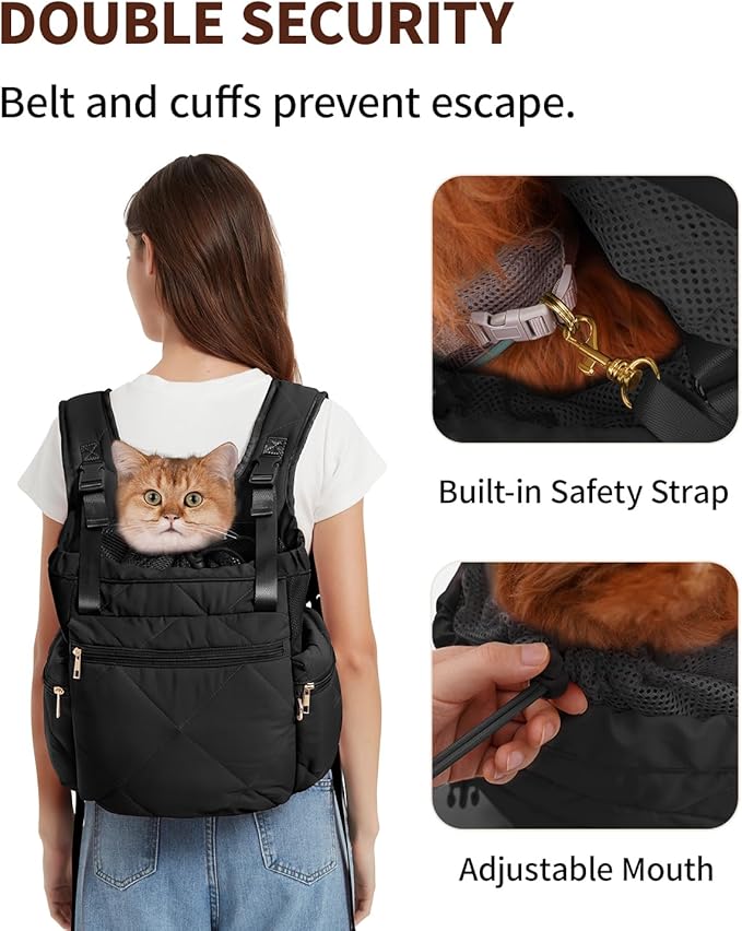OFY Cat Carrier Puffy Backpack Breathable Small Dog Front Backpack Large Space for Small Dogs, Drawstring &amp; Water-Resisant Pet Bag for Travel Hiking, Black Patent Pending