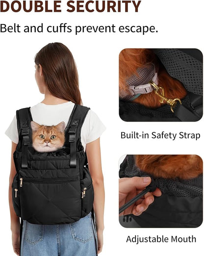 OFY Cat Carrier Puffy Backpack Breathable Small Dog Front Backpack Large Space for Small Dogs, Drawstring &amp; Water-Resisant Pet Bag for Travel Hiking, Black Patent Pending