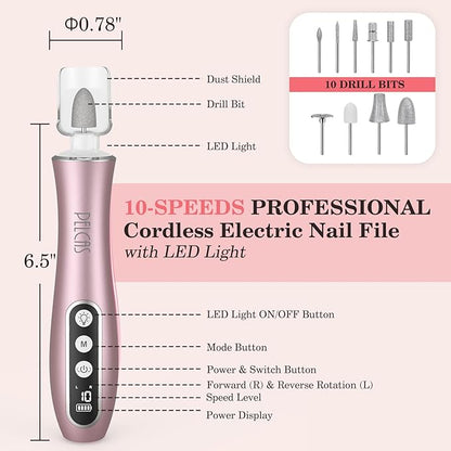 PELCAS Electric Nail File, 10 Speeds Cordless Nail Drill Kit with LED Light, Professional Nail Grinder with LCD Screen Portable e File for Human, Pet, Thick Toenails, Natural &amp; Acrylic Nails Pink