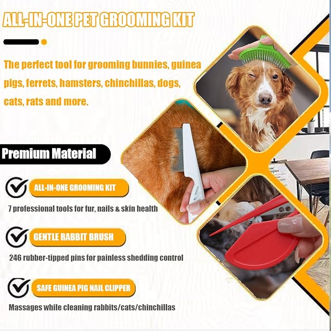 Rabbit Grooming Kit – Bunny Grooming Kit with Shedding Brush, Nail Clippers &amp; Comb – Small Animal Grooming Supplies for Rabbits, Guinea Pigs, Hamsters, Ferrets - Small Pet Shedding &amp; Care (Pink)