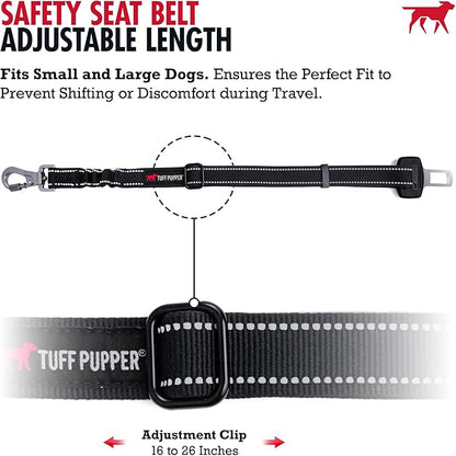 Tuff Pupper Dog Seat Belt | Adjustable Length Dog Seatbelt Restraint | Tangle-Free Locking Carabiner | Shock-Absorbing Bungee | Reflective Stitching for Visibility | Universal Fit for Cars &amp; Trucks