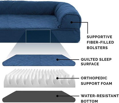 Furhaven Orthopedic Dog Bed for Large/Medium Dogs w/ Removable Bolsters &amp; Washable Cover, For Dogs Up to 55 lbs - Quilted Sofa - Navy (Blue), Large