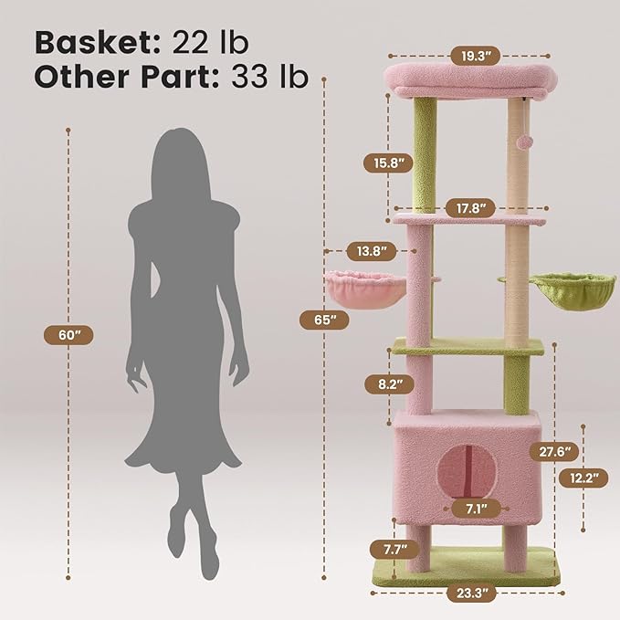 Gardner Pet 65in Heavy Duty Cat Tree Tower for Large Cats, Multi-Level Cat Furniture with Replaceable Sisal Scratching Post, Hammock | Extra-Large Platform &amp; Condo (Pink&amp;Green, Basic φ:2.84")