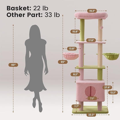 Gardner Pet 65in Heavy Duty Cat Tree Tower for Large Cats, Multi-Level Cat Furniture with Replaceable Sisal Scratching Post, Hammock | Extra-Large Platform &amp; Condo (Pink&amp;Green, Basic φ:2.84")