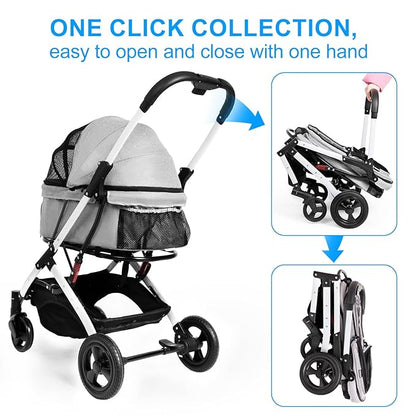 Pet Stroller for Medium Small Dog &amp; Cat, Foldable Lightweight Dog Stroller with Storage Basket Pet Travel Carriage with Safety Leashes, 4 Wheel, Gray