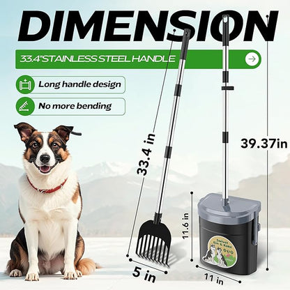UPSKY Dog Pooper Scooper Swivel Bin &amp; Rake Kit with 100 Waste Bags,33.4" Stainless Steel Long Handle Heavy Duty Pet Poop Shovel for Large Medium Small Dogs, Odor-Proof Lid for Yard/Lawn/Outdoor Use