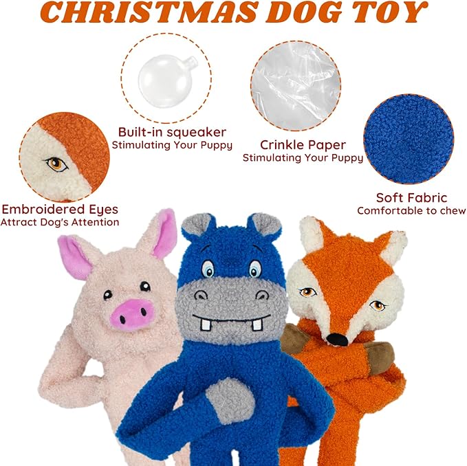 3 Pack No Stuffing Crinkle Squeaky Interactive Plush Dog Toys for Aggressive Chewers to Keep Puppy Busy for Boredom Small &amp; Medium Breeds Furry Friend Teething Orange Fox Pink Pig Blue Hippo