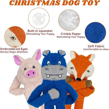 3 Pack No Stuffing Crinkle Squeaky Interactive Plush Dog Toys for Aggressive Chewers to Keep Puppy Busy for Boredom Small &amp; Medium Breeds Furry Friend Teething Orange Fox Pink Pig Blue Hippo