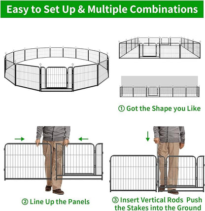 Dog Playpen Outdoor Extra Wide 16 Piece Panels Heavy Duty Dog Fence 24" Height Anti-Rust with Doors Portable for RV Camping Yard, Total 29FT, 68 Sq.ft, Snowy Black