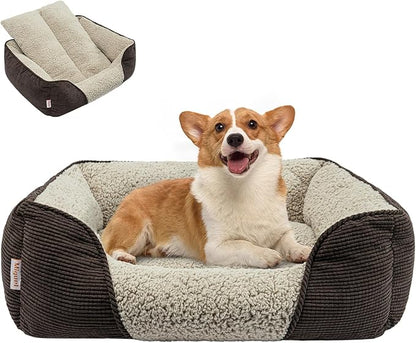 Miguel Washable Dog &amp; Cat Bed with Removable Cushion for Medium &amp; Small Dogs, Easy to Wash Pet Sofa Bed with Side Bolster, Anti-Slip Bottom, Brown, 30 Inch Rectangle
