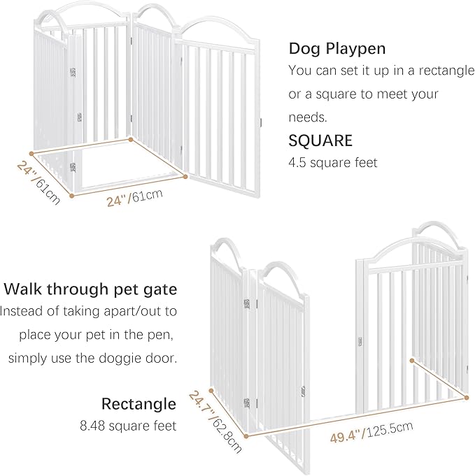 BHG Metal No-Assembly Freestanding Dog Gate with Door Walk Through, Extra Wide 96", Extra Tall 32" Pet Gate, Accordion Puppy Folding Playpen Dog Fence for Indoor &amp; Outdoor, with 2PCS Support - White