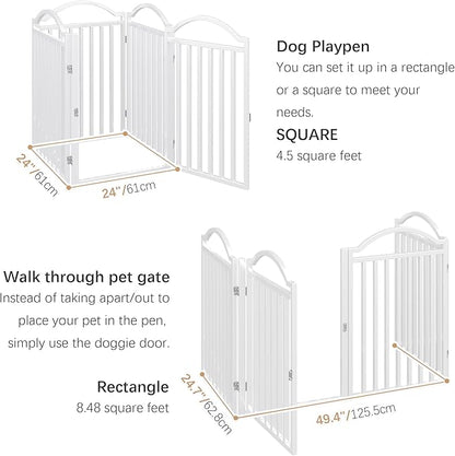 BHG Metal No-Assembly Freestanding Dog Gate with Door Walk Through, Extra Wide 96", Extra Tall 32" Pet Gate, Accordion Puppy Folding Playpen Dog Fence for Indoor &amp; Outdoor, with 2PCS Support - White