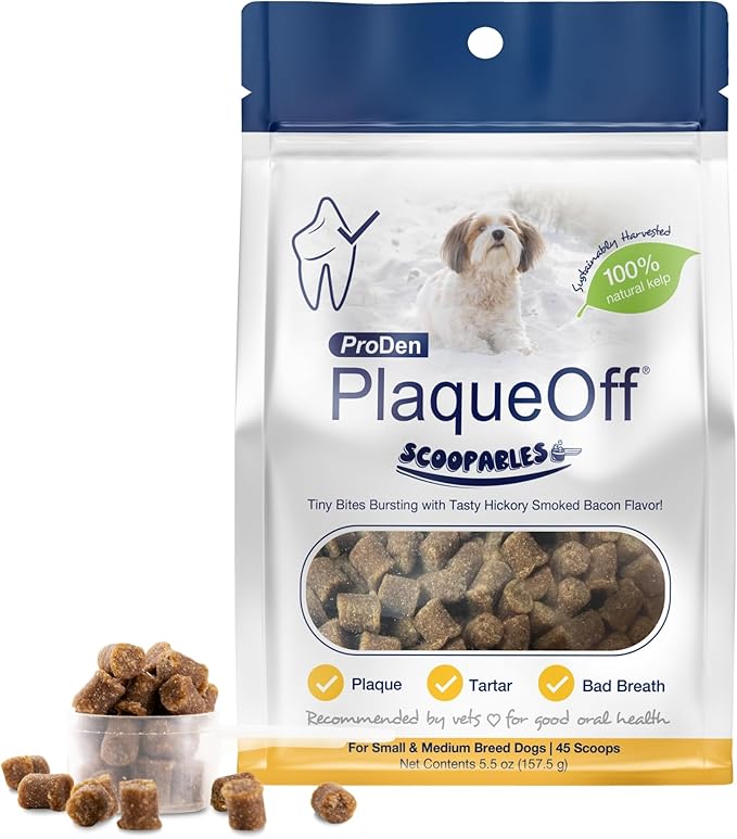 ProDen PlaqueOff Scoopables - Hickory Smoked Bacon Flavor Dental Bites for Small Dogs, Natural Kelp for Plaque &amp; Tartar Control, Freshens Breath - Small &amp; Medium Breed Dental Care- 45 Scoops