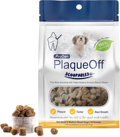ProDen PlaqueOff Scoopables - Hickory Smoked Bacon Flavor Dental Bites for Small Dogs, Natural Kelp for Plaque &amp; Tartar Control, Freshens Breath - Small &amp; Medium Breed Dental Care- 45 Scoops