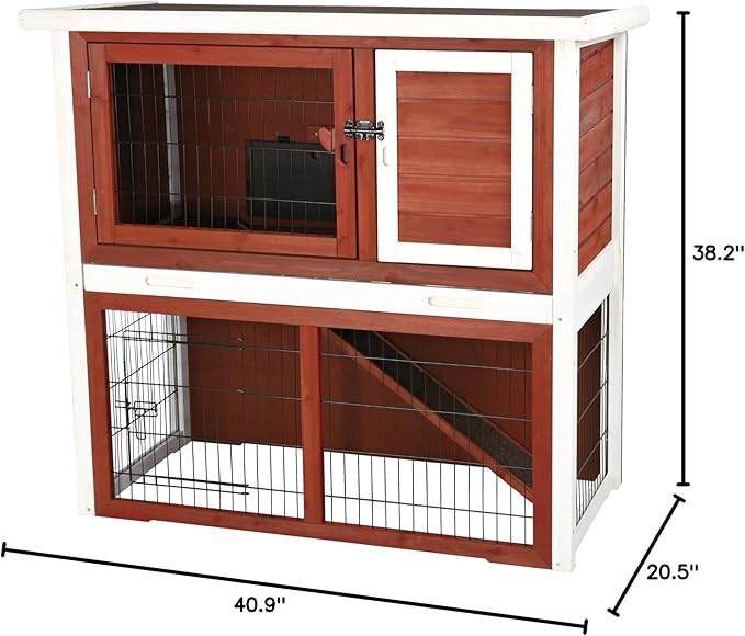 TRIXIE natura Outdoor Rabbit Hutch with Run - 2-Story Rabbit Cage with Non-Slip Ramp - Medium Elevated Small Animal House with Secure Playpen, Hinged Roof &amp; Pull-Out Tray - in Auburn/White