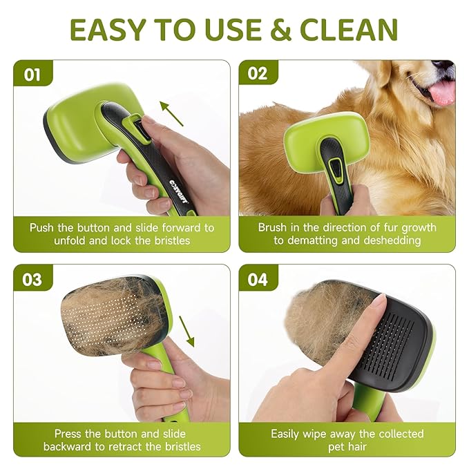 Dog Brush Kit – 3 PCS Grooming Set with Self-Cleaning Brush, Undercoat Rake &amp; Pet Bath Brush. Great for Shedding, Tangles &amp; Dirt Removal – Ideal for Long &amp; Short Haired Dogs &amp; Cats, Green